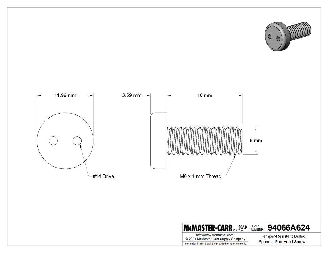Technical Drawing of Tamper-Resistant Drilled Spanner Pan Head Screws, M6 x 1.00 mm Thread Size, 16 mm Long.